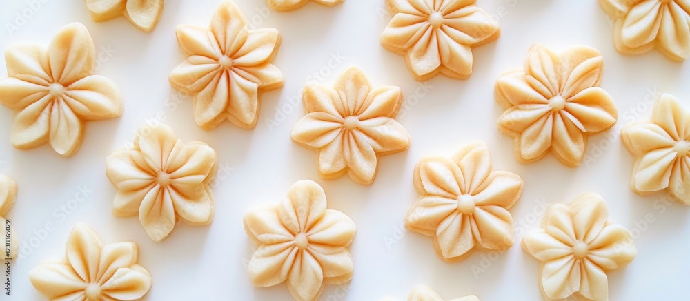 Decorative flower-shaped pastries arranged evenly on a white background with natural lighting Copy Space Decorative flower-shaped pastries arranged evenly on a white background with natural lighting Copy Space