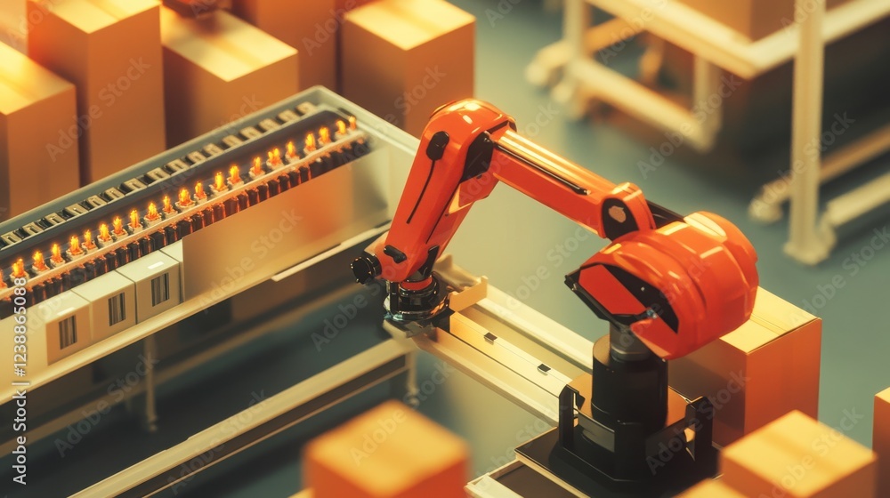 Orange Robotic Arm In A Warehouse Automation System Orange Robotic Arm In A Warehouse Automation System