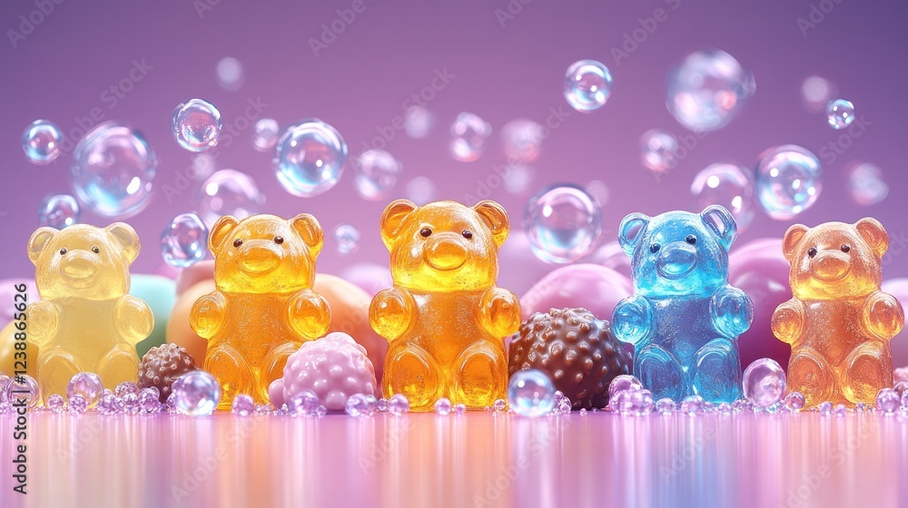 Obraz premium Colorful gummy bears with bubbles.