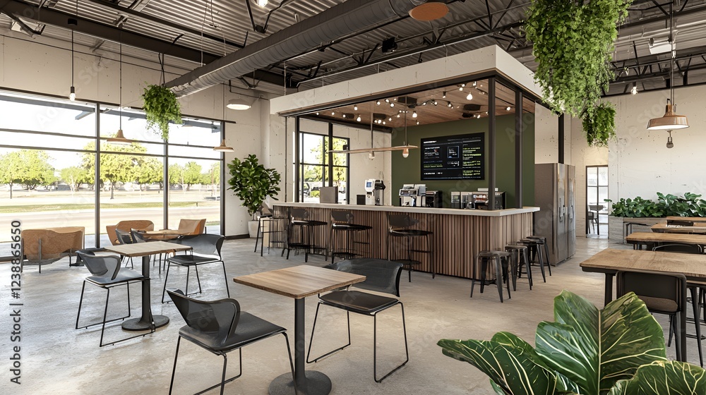 Fototapeta premium Modern office cafe with bar, seating, and plants