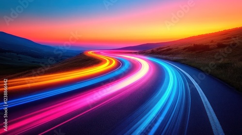 Colorful light trails on winding road at sunset.