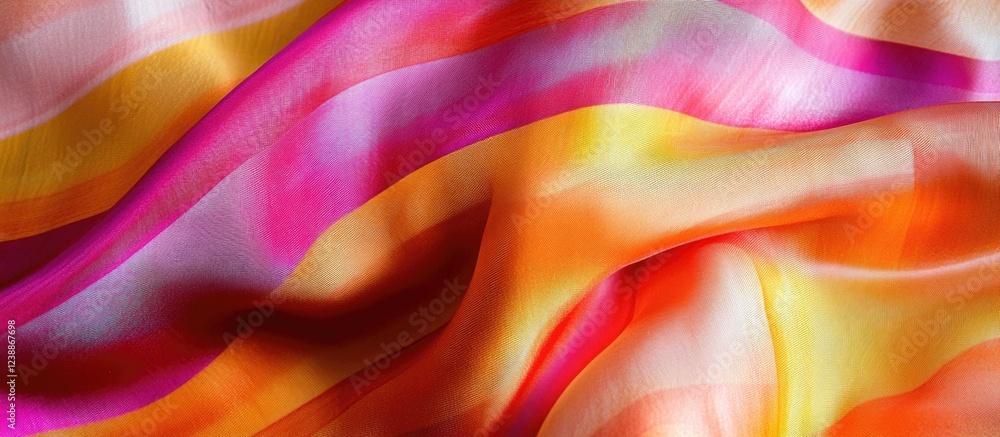 Obraz premium Colorful abstract silk fabric texture with flowing waves in shades of pink, orange, and yellow ideal for backgrounds and designs. Copy Space