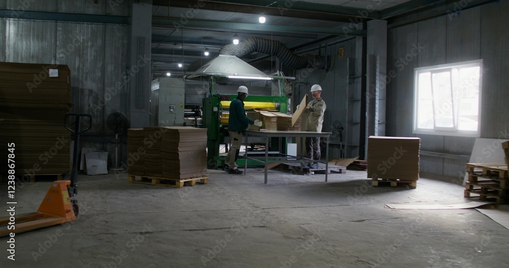 Two men work in a cardboard factory. They take the cardboard cut by the machine and stack it in piles Two men work in a cardboard factory. They take the cardboard cut by the machine and stack it in piles
