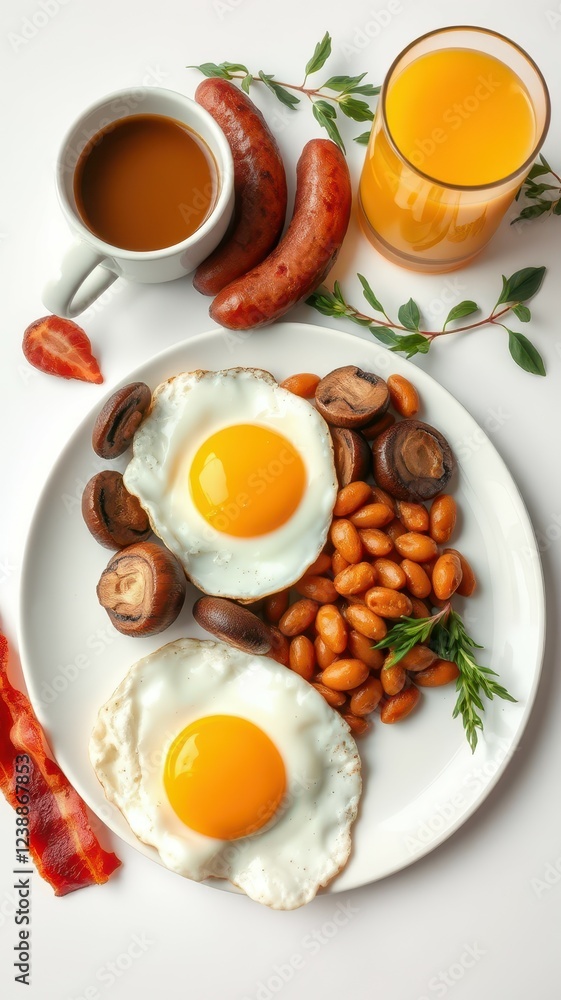 Breakfast plate with fried eggs, sausage, beans, mushrooms, bacon, and juice served on a white table Breakfast plate with fried eggs, sausage, beans, mushrooms, bacon, and juice served on a white table