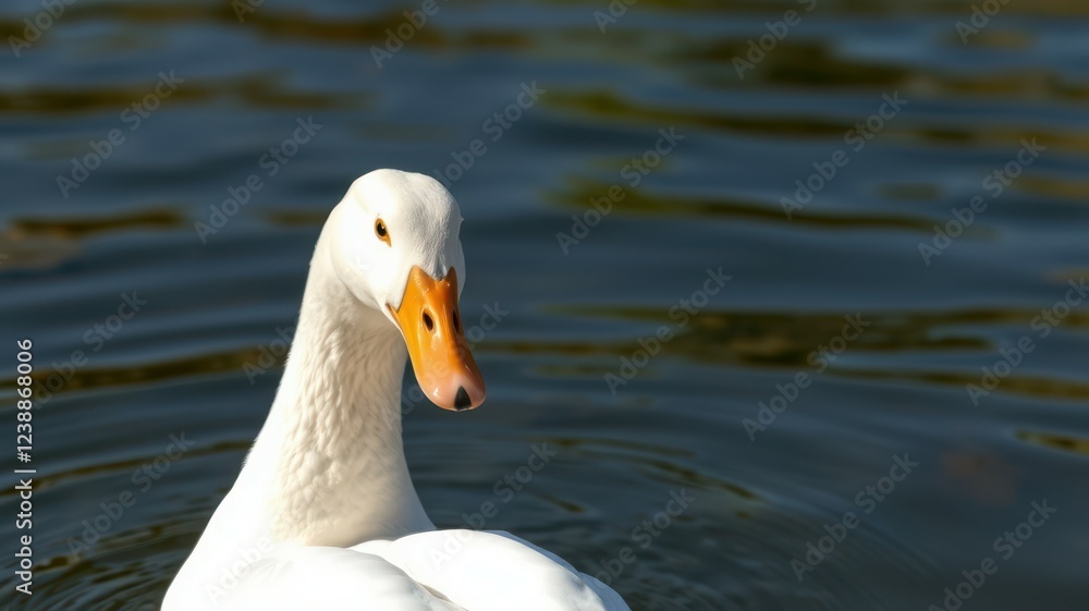 White duck swimming gracefully on a serene lake during a sunny afternoon White duck swimming gracefully on a serene lake during a sunny afternoon
