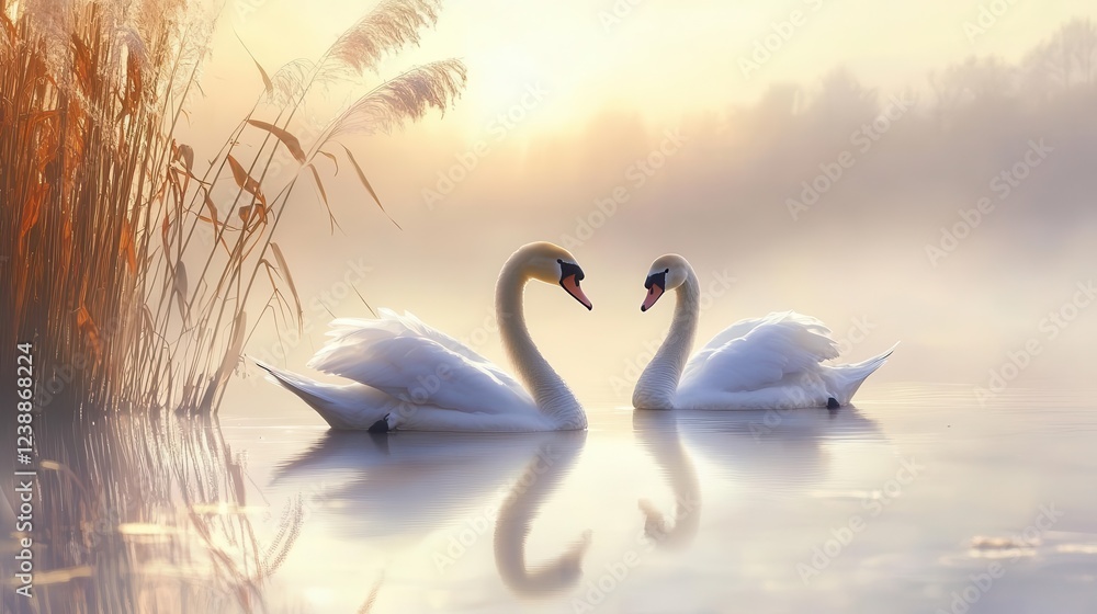 Obraz premium a serene lakeside scene at golden hour featuring a pair of elegant swans gliding across mirror-like water, surrounded by misty reeds and soft, warm sunlight creating ethereal reflections