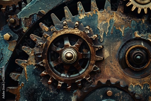 Rusty interlocking gears and cogs form a metallic industrial background