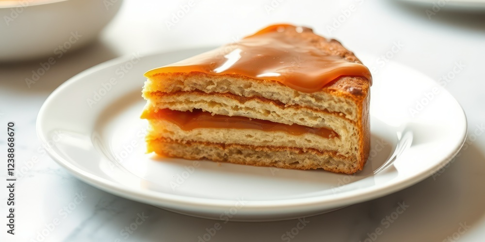 Slice of layered pastry with caramel topping served on a white plate in a cozy setting Slice of layered pastry with caramel topping served on a white plate in a cozy setting