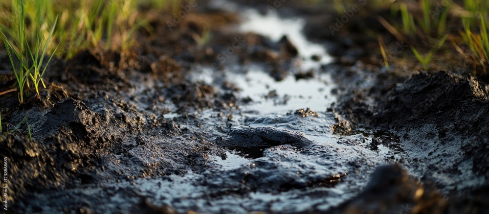 Mud path with reflective water surface surrounded by grass in an outdoor setting suitable for nature and environmental themes Copy Space Mud path with reflective water surface surrounded by grass in an outdoor setting suitable for nature and environmental themes Copy Space