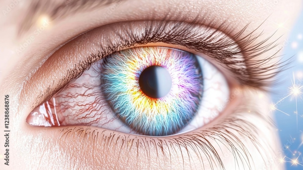 Close-Up of Human Eye with Colorful Iris and Unique Patterns Reflecting Light and Energy Close-Up of Human Eye with Colorful Iris and Unique Patterns Reflecting Light and Energy