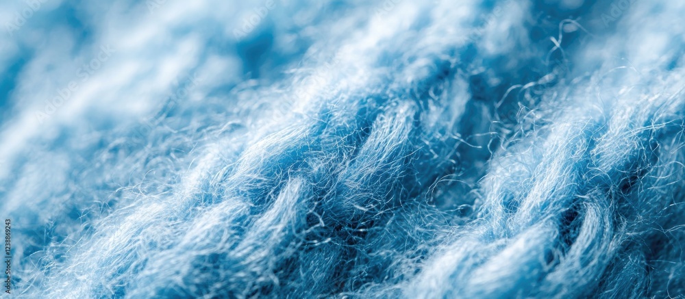 Obraz premium Close-up macro texture of soft blue knitted fabric with fibers and threads ideal for background use Copy Space