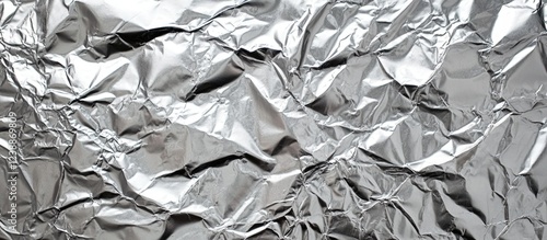 Crumpled aluminum foil texture background with shiny metallic surface and irregular wrinkled patterns suitable for various design applications photo