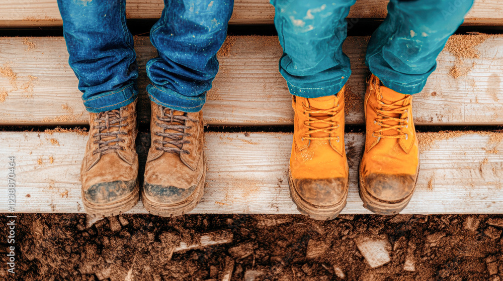 Outdoor workers in boots on construction site ground-level labor lifestyle Outdoor workers in boots on construction site ground-level labor lifestyle