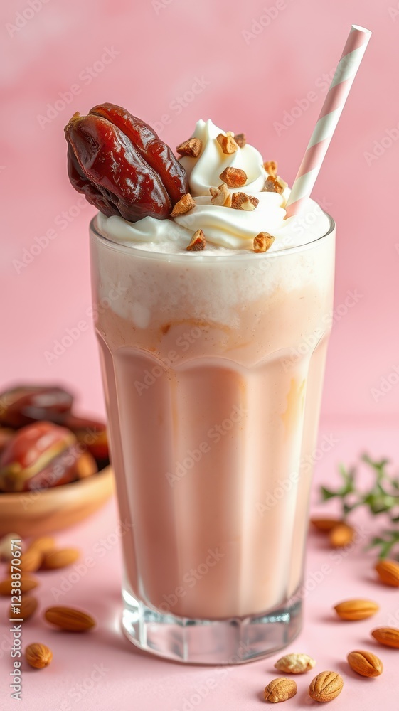 Delicious creamy date milkshake topped with whipped cream and nuts on a pink background