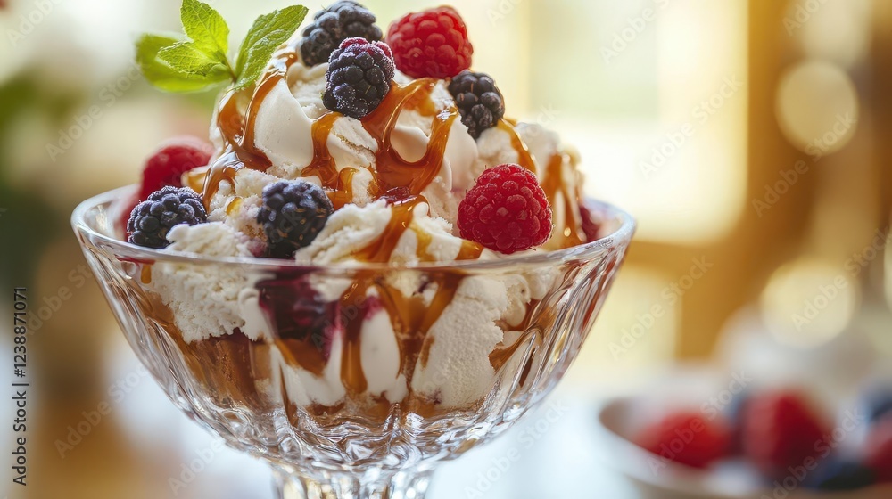 artisanal ice cream sundae with swirls of caramel, fresh berries, whipped cream peaks, crystal bowl, soft natural lighting, macro details artisanal ice cream sundae with swirls of caramel, fresh berries, whipped cream peaks, crystal bowl, soft natural lighting, macro details