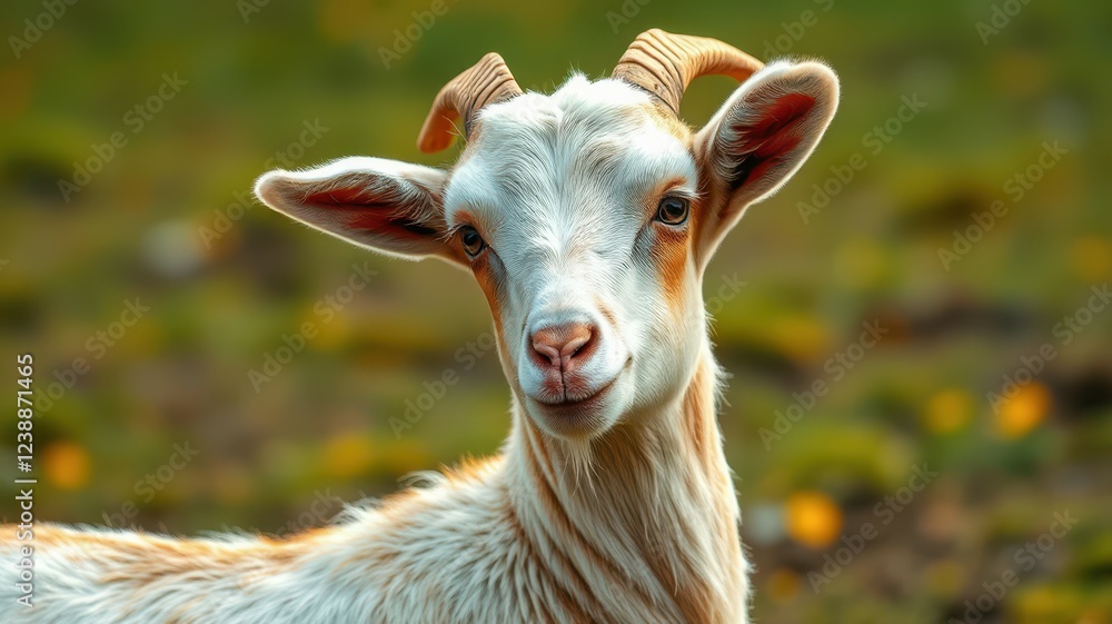 Goat standing in a green meadow with soft sunlight illuminating its features and landscape Goat standing in a green meadow with soft sunlight illuminating its features and landscape
