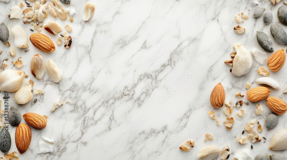 Obraz premium artistically arranged healthy nuts and seeds composition creating an elegant pattern on white marble, styled with natural light for modern food photography