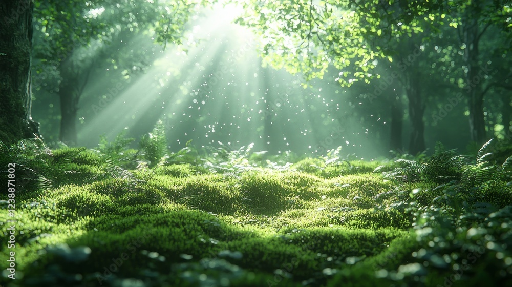 Obraz premium Golden rays of sunlight dance through the canopy, casting a magical glow on the soft green moss. Nature awakens, sparkling droplets enhance the serene beauty of the tranquil forest