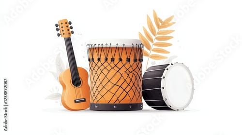 Colorful Musical Instruments Arrangement with Guitar, Drum, and Bongos on White Background photo