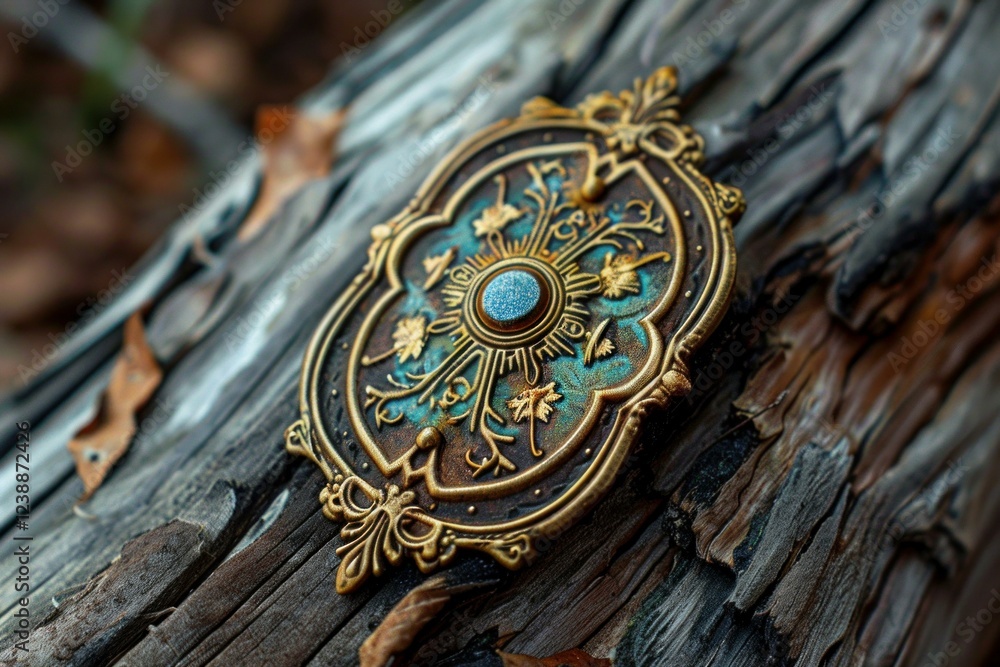 Ornate metal ornament with a turquoise stone is displayed on a piece of weathered wood Ornate metal ornament with a turquoise stone is displayed on a piece of weathered wood
