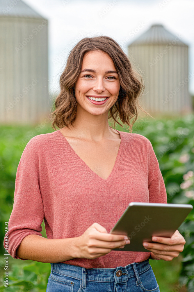Fototapeta premium Smiling woman with tablet in farm field rural landscape bright day