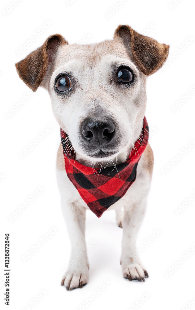 Elegant small white dog Jack Russell terrier in red scarf looking at camera. Studio shot white background. Senior dog pet clothes Elegant small white dog Jack Russell terrier in red scarf looking at camera. Studio shot white background. Senior dog pet clothes