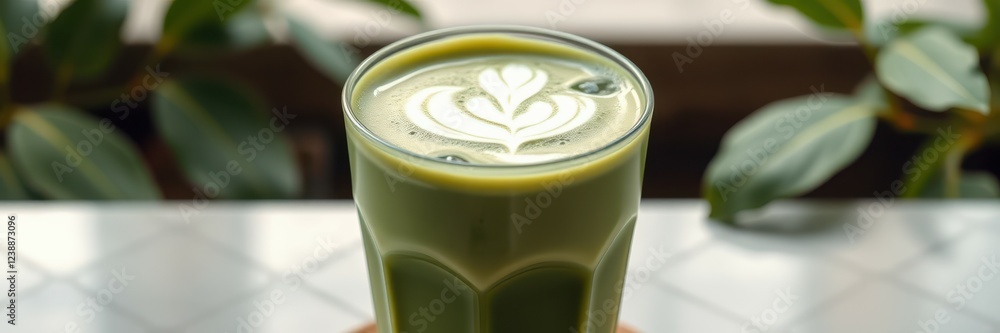Creamy matcha latte served in a glass with artistic foam design in a cozy cafe environment Creamy matcha latte served in a glass with artistic foam design in a cozy cafe environment