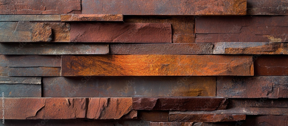 Textured layered stone wall with varying shades of brown and orange hues suitable for backgrounds and interior design applications Copy Space