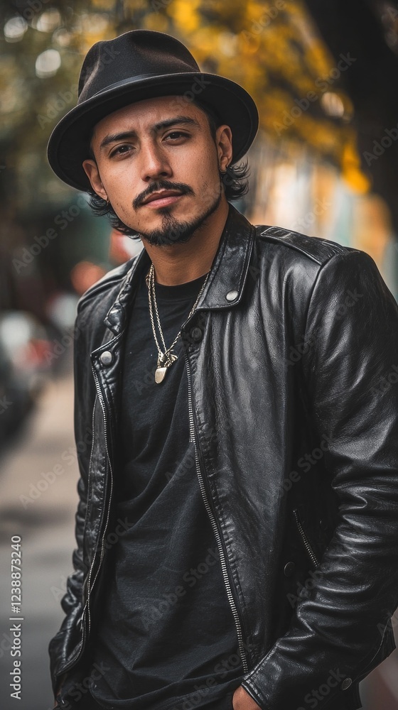 A young man showcases his edgy fashion with a leather jacket and wide-brimmed hat. His confident expression contrasts beautifully with the golden autumn foliage surrounding him A young man showcases his edgy fashion with a leather jacket and wide-brimmed hat. His confident expression contrasts beautifully with the golden autumn foliage surrounding him