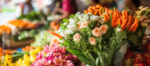 Wallpaper Mural Colorful flower market display with various floral arrangements including roses, greens, and vegetables, vibrant atmosphere, Copy Space Torontodigital.ca
