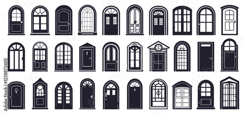 Door icons set. Black entrance silhouette sign design, doorway entry exit, interior element vector illustration