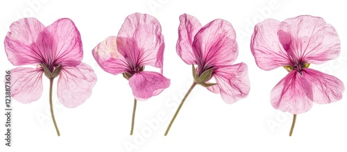 Pink pressed geranium flowers isolated on white background with natural textures and details Copy Space