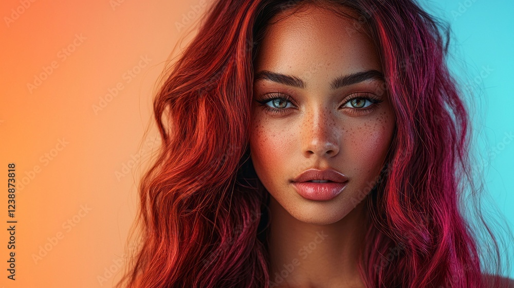 Fototapeta premium A striking young woman showcases her enchanting features and fiery red hair, illuminated by a soft orange and blue gradient. Her expressive eyes and natural beauty radiate confidence and uniqueness