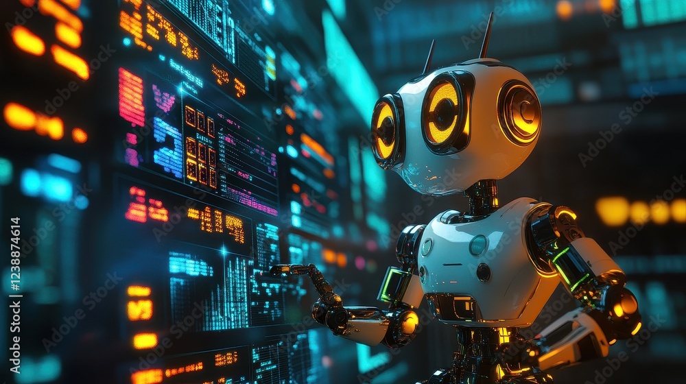 Smart investments, robotic assistant analyzing stocks, 3D illustration. Smart investments, robotic assistant analyzing stocks, 3D illustration.