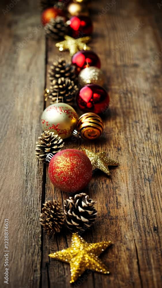 Beautifully arranged Christmas decorations and pine cones on rustic wooden surface Beautifully arranged Christmas decorations and pine cones on rustic wooden surface