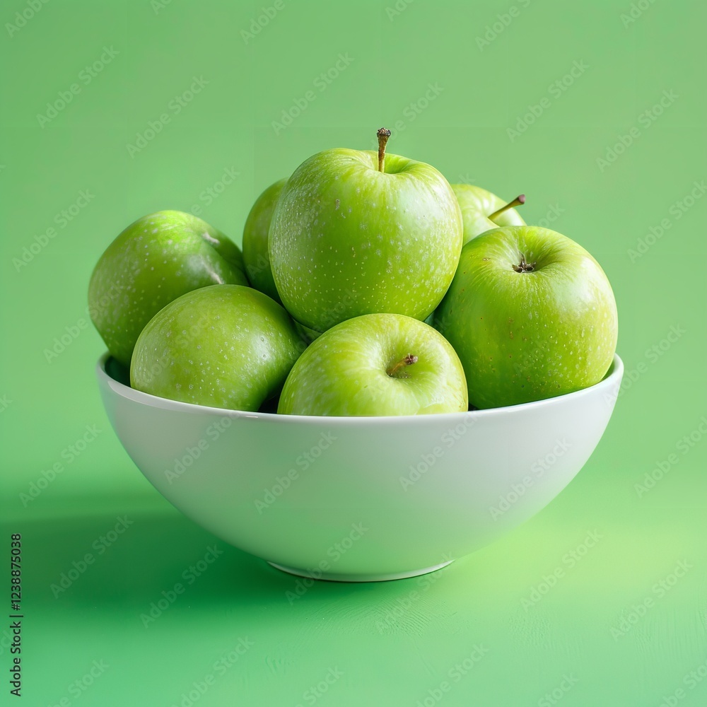 Fruit, food concept, pile of green apple fruit in white dish, isolated on a colorful background, Generative AI. Fruit, food concept, pile of green apple fruit in white dish, isolated on a colorful background, Generative AI.