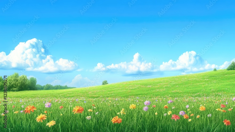 Obraz premium Vibrant Wildflower Meadow Under Blue Sky with Fluffy Clouds and Green Grass Hills