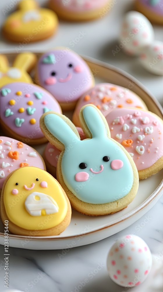 Bright sugar cookies shaped like Easter bunnies and eggs, frosted with pastel icing. Bright sugar cookies shaped like Easter bunnies and eggs, frosted with pastel icing.
