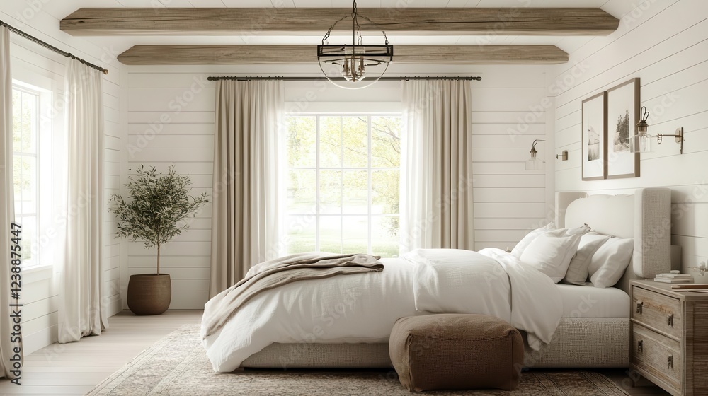 Fototapeta premium cozy farmhouse bedroom with soft linen bedding, whitewashed shiplap walls, vintage brass accents, natural light streaming through gauzy curtains, weathered wood beams overhead
