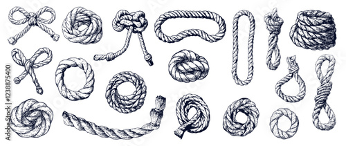 Engraved rope knots. Engraving nautical loop frame vintage graphic, sketch marine node set vector illustration