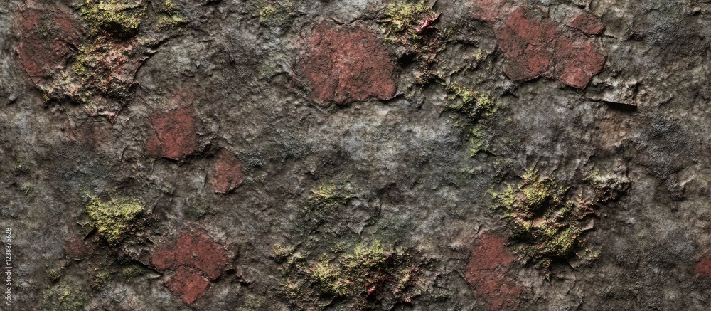 Rough textured stone wall with moss and red spots Rough textured stone wall with moss and red spots