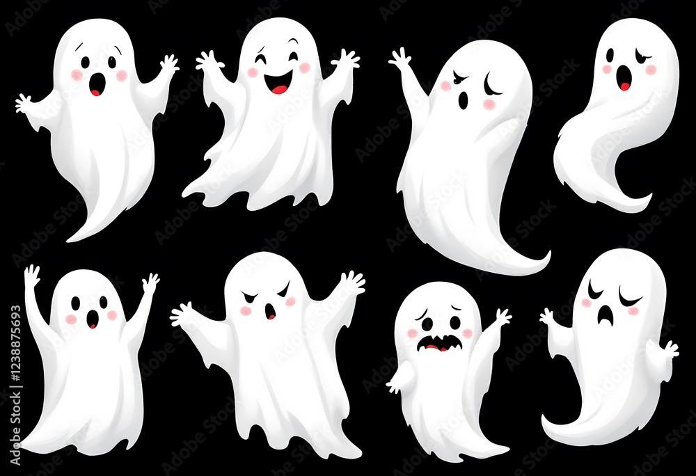 Naklejka premium Cute Halloween Ghost Clipart Set Cartoon Spooky Spirits