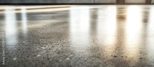 Polished concrete floor with reflections and warm light coming through windows in a modern interior space Copy Space photo