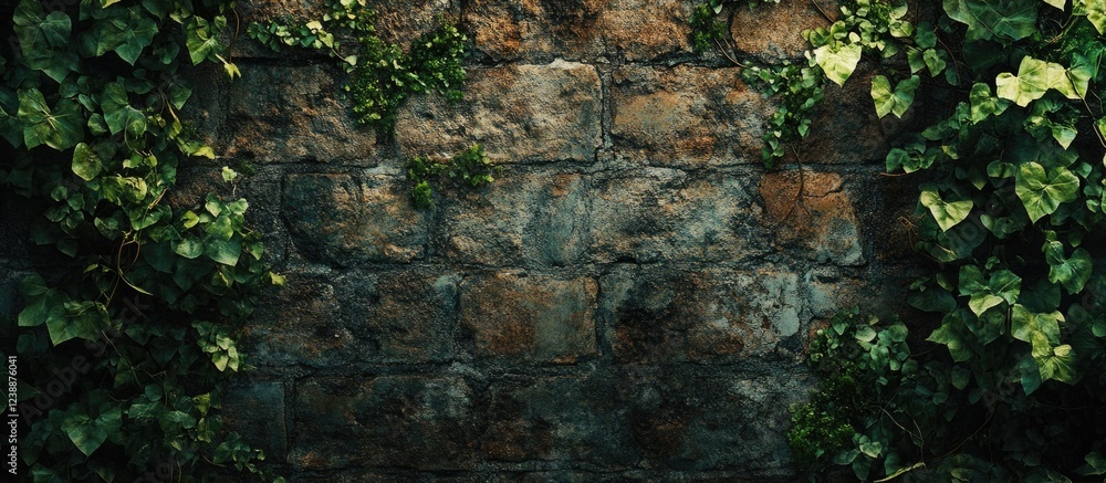 Stone wall with green ivy leaves and vines partially covering the surface Stone wall with green ivy leaves and vines partially covering the surface