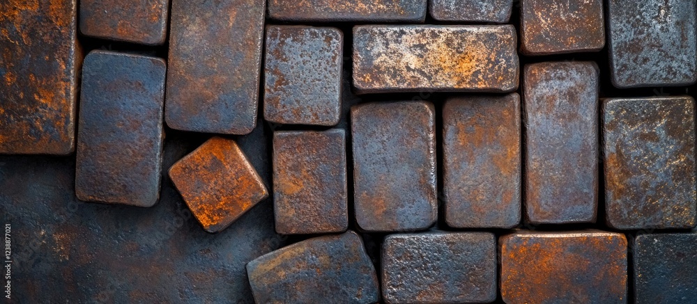 Rustic Iron Bricks in Various Shapes and Sizes with Oxidized Texture and Dark Background