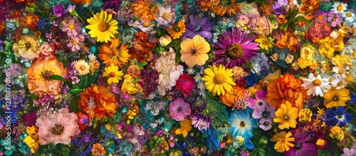 Colorful Floral Background with Various Flower Types and Vibrant Shades Suitable for Graphic Design Copy Space photo