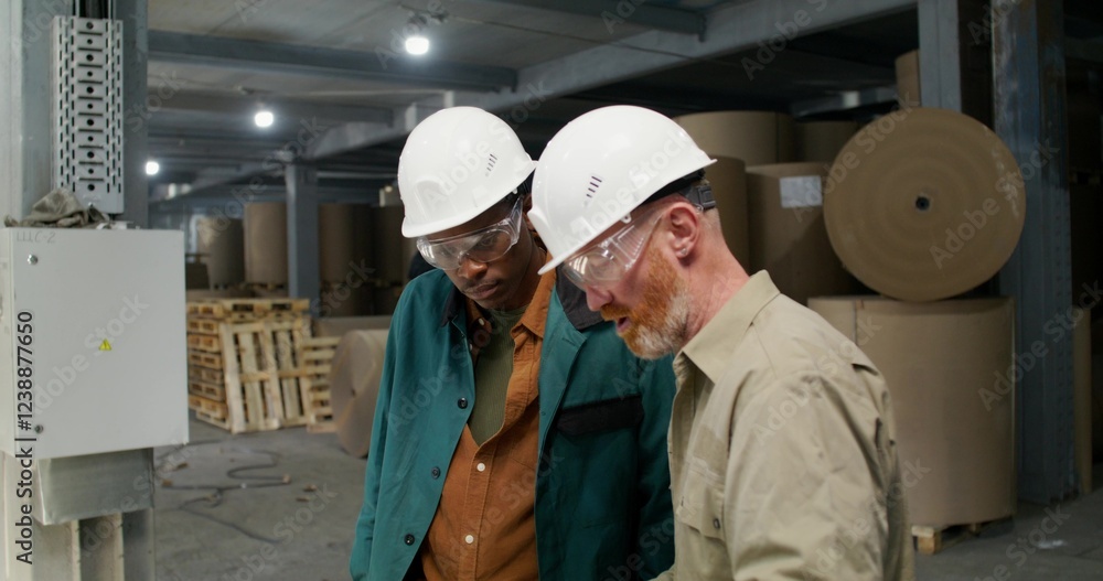 Two men in protective helmets and glasses are talking standing in a paper mill Two men in protective helmets and glasses are talking standing in a paper mill