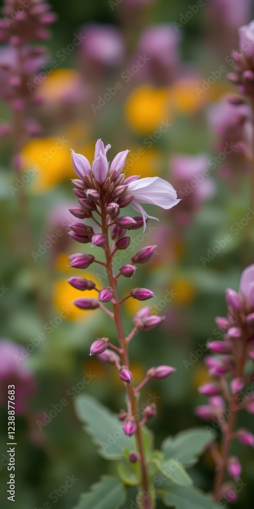 Delicate lavender flowers blooming amidst vibrant yellow blossoms in a lush garden during springtime Delicate lavender flowers blooming amidst vibrant yellow blossoms in a lush garden during springtime