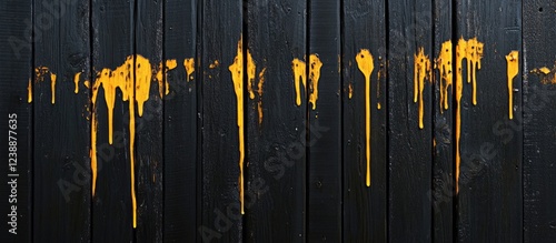 Yellow Paint Drips on Black Wooden Fence Background with Textured Surface