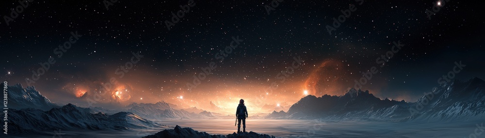 A lone figure stands against a vast, starry sky, illuminated by distant lights, evoking a sense of wonder and exploration in an otherworldly landscape. A lone figure stands against a vast, starry sky, illuminated by distant lights, evoking a sense of wonder and exploration in an otherworldly landscape.